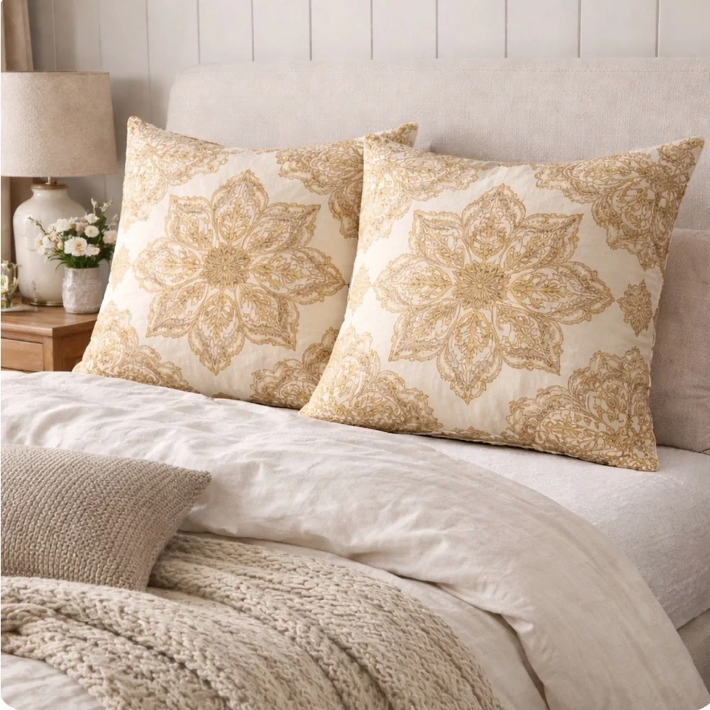Pottery Barn Paisley Gold Yellow Ivory Large Euro Pillow Shams Cotton 26x26